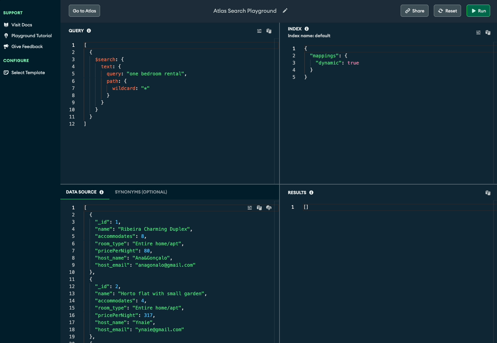 Atlas Search Playground demonstration showing user selecting a dataset, typing a query, and seeing instant results