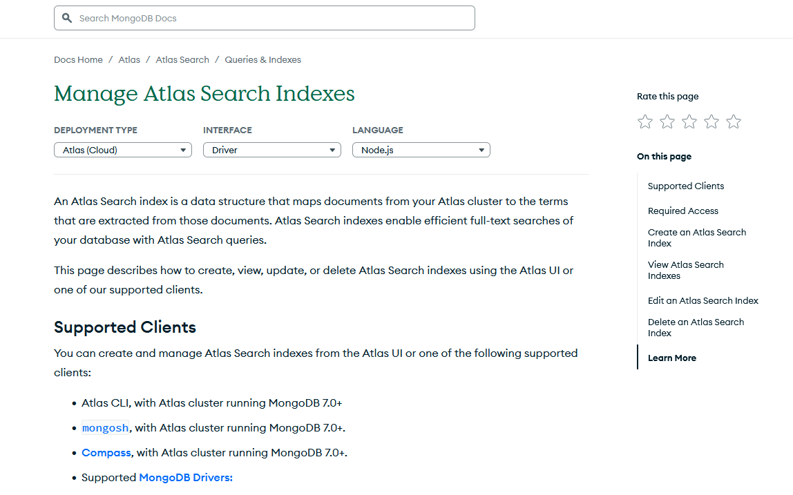 MongoDB documentation page showing composable tutorial system with dropdown selectors for deployment type, interface, and language